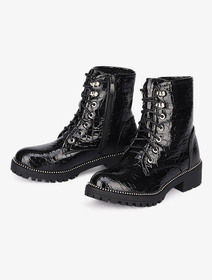 Bottines vernies imprimé croco à lacets à détails cloutés - Noir - 1