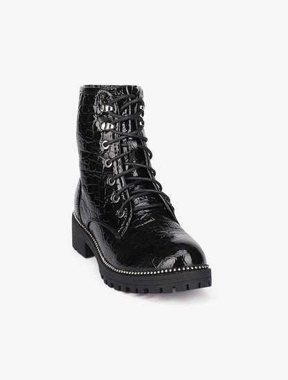 Bottines vernies imprimé croco à lacets à détails cloutés - Noir - 3