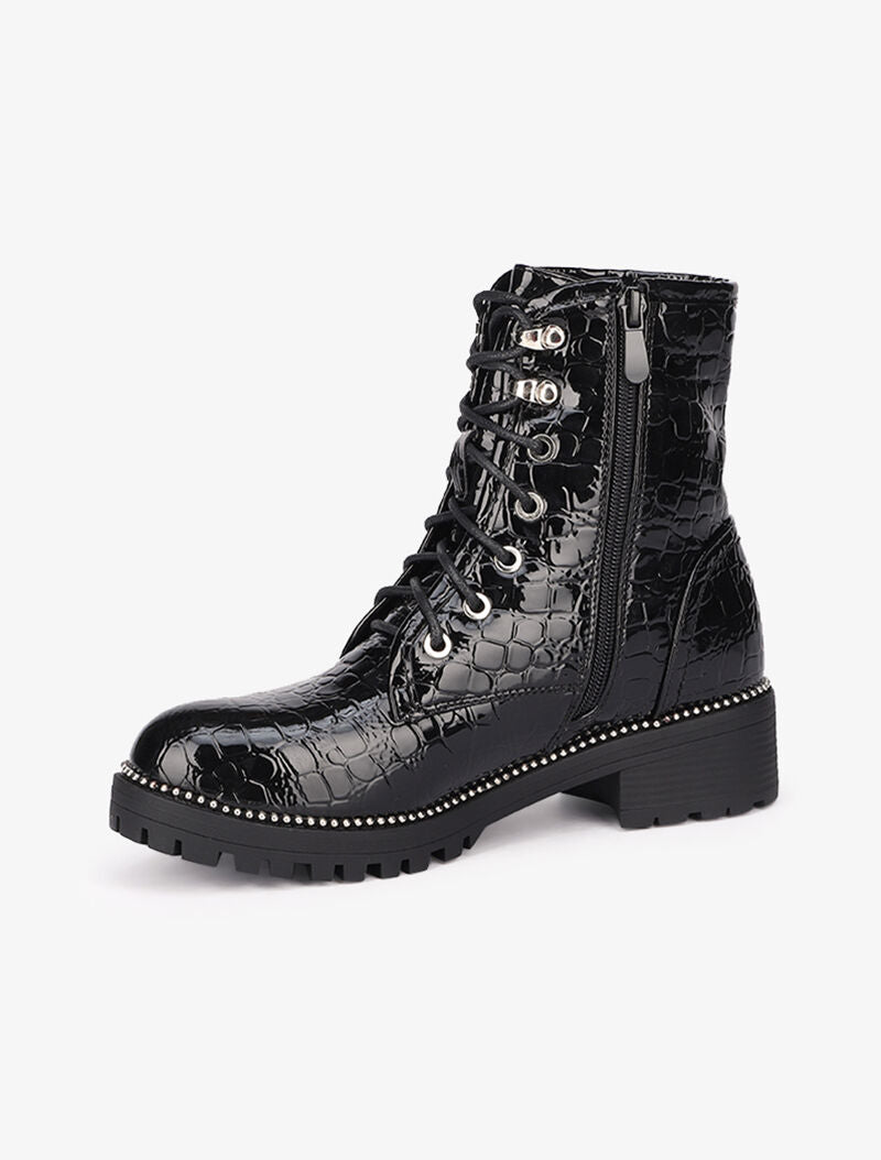 Bottines vernies imprimé croco à lacets à détails cloutés - Noir - 4