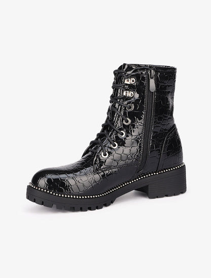Bottines vernies imprimé croco à lacets à détails cloutés - Noir - 4