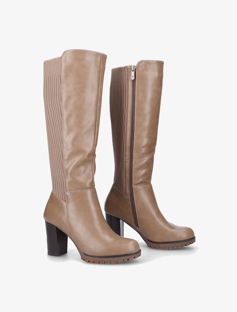 Bottes à talon en simili et tissu côtelé - Taupe - 4