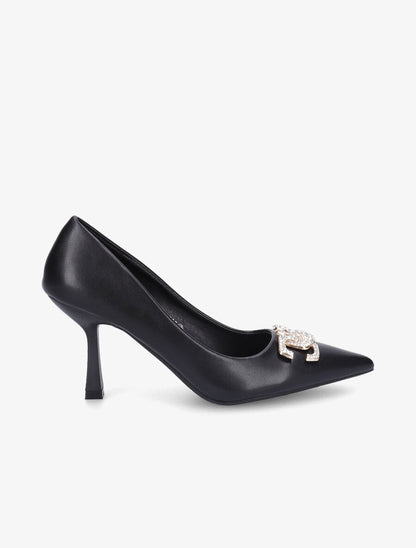 Escarpins pointus à bijou strass - Noir - 1