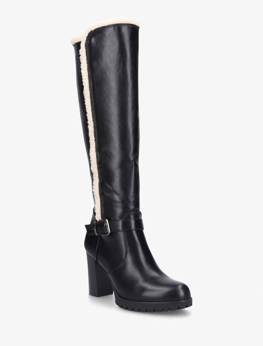Bottes à talon et empiècement effet peau de mouton - Noir/blanc - 2