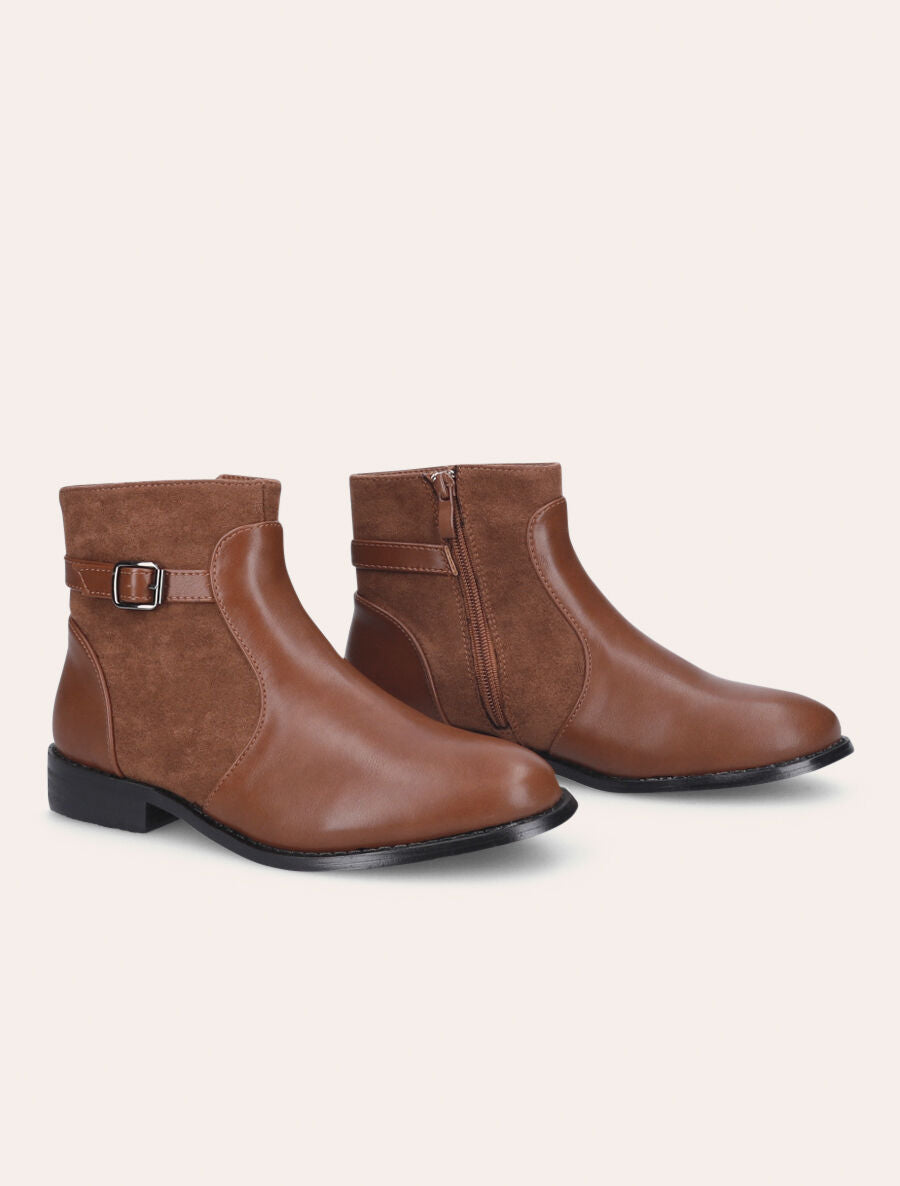 Bottines plates en simili et suédine - Camel - 4