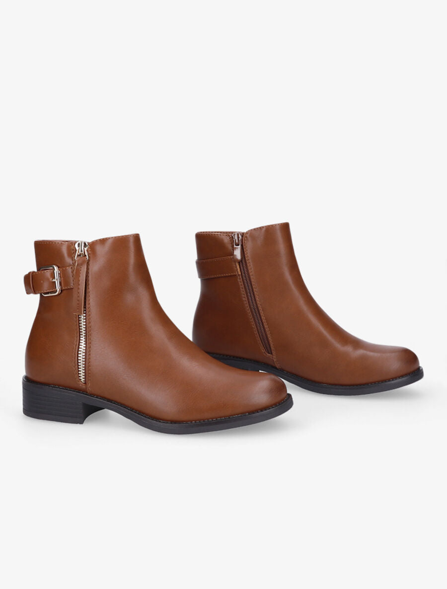 Boots à zip doré et bride décorative - Camel - 4