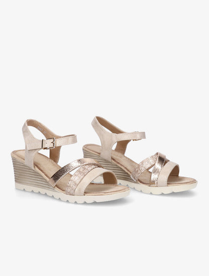 Sandales en simili et suédine à talon compensé - Beige - 4