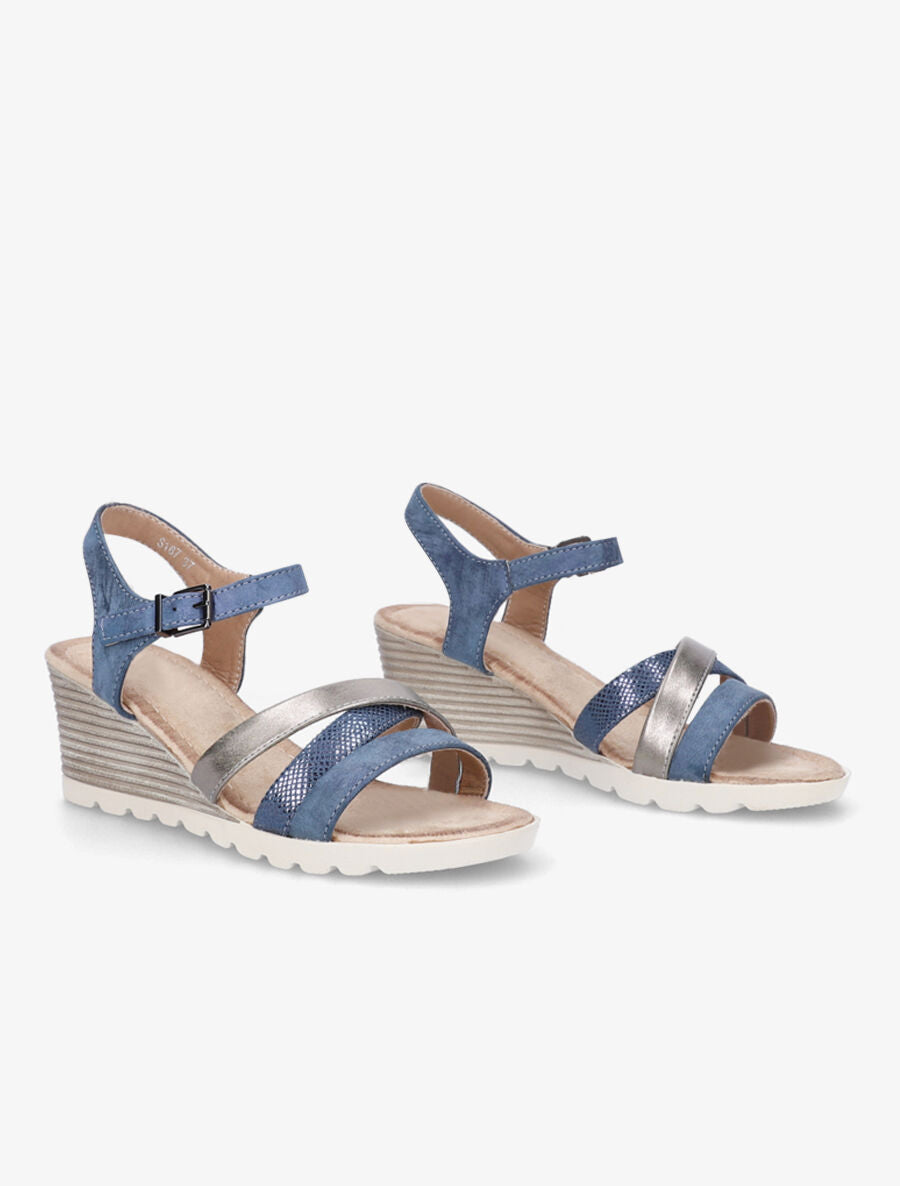 Sandales en simili et suédine à talon compensé - Bleu - 4