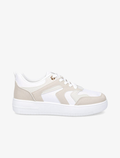 Sneakers bicolore en simili - Beige - 5