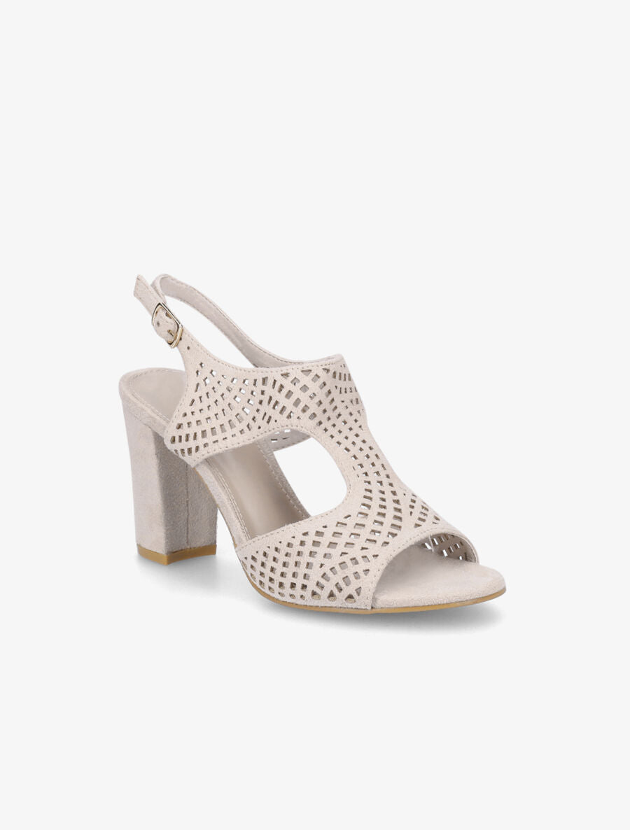 Sandales à talon en suédine perforée - Beige - 2