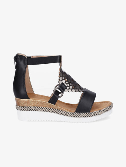 Sandales compensées à bride irisée et motifs ajourés - Noir - 1
