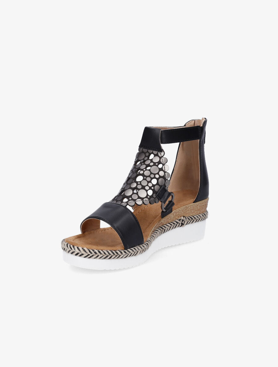 Sandales compensées à bride irisée et motifs ajourés - Noir - 3