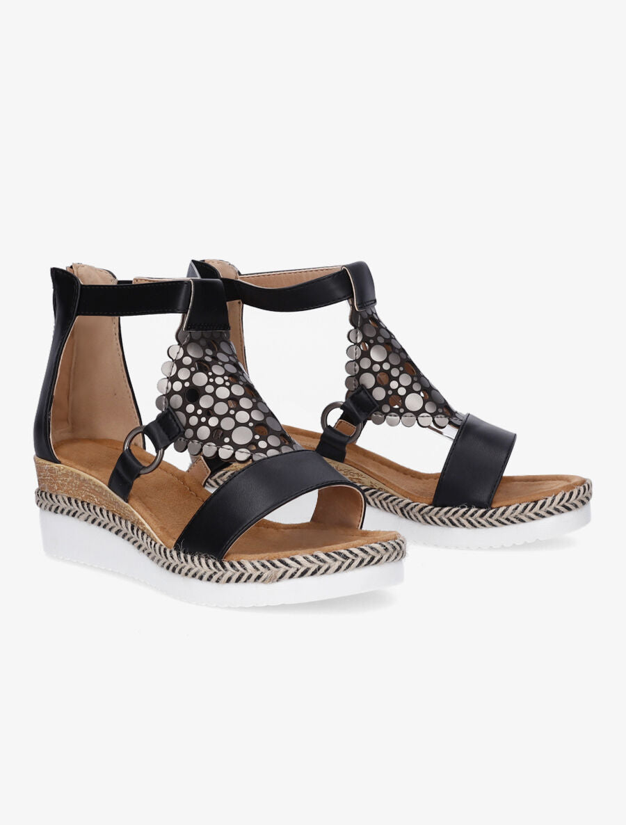 Sandales compensées à bride irisée et motifs ajourés - Noir - 4