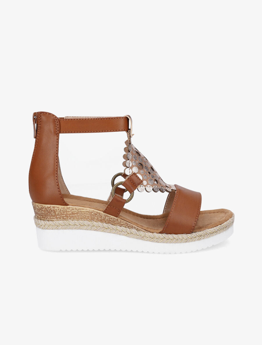 Sandales compensées à bride irisée et motifs ajourés - Camel - 6