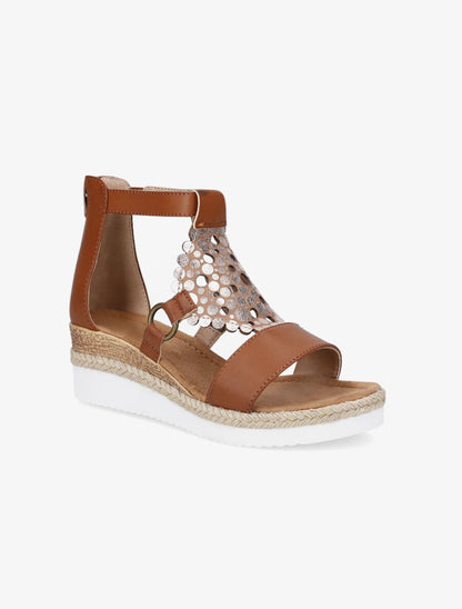 Sandales compensées à bride irisée et motifs ajourés - Camel - 3