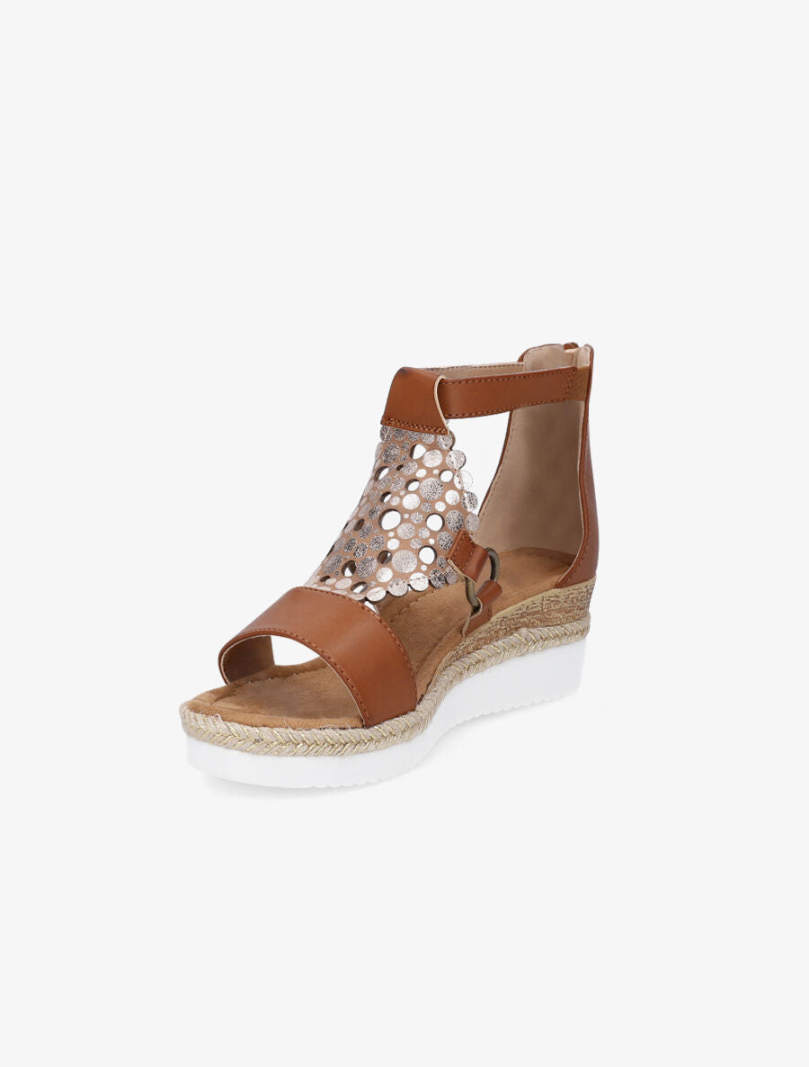 Sandales compensées à bride irisée et motifs ajourés - Camel - 4
