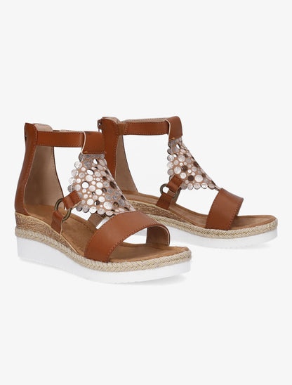 Sandales compensées à bride irisée et motifs ajourés - Camel - 5