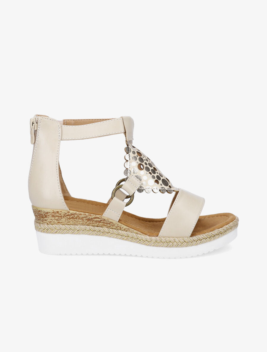 Sandales compensées à bride irisée et motifs ajourés - Beige - 1