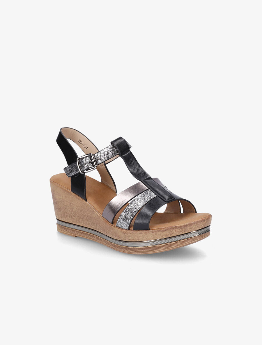 Sandales compensées effet bois et empiècement métallique - Noir - 2