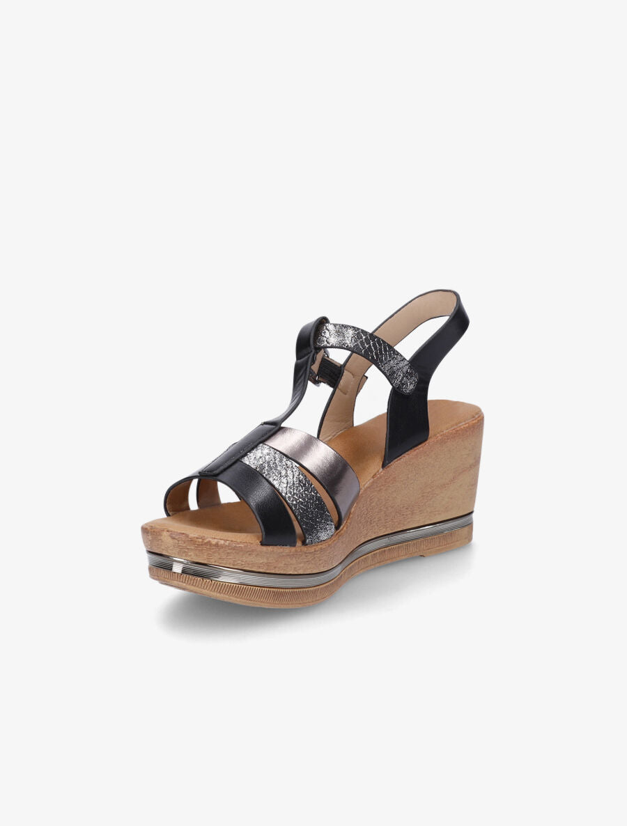 Sandales compensées effet bois et empiècement métallique - Noir - 3