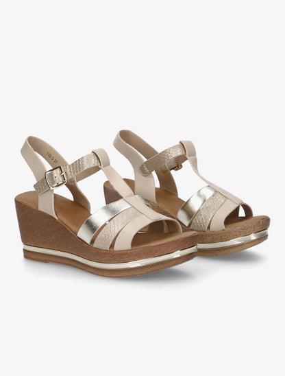 Sandales compensées effet bois et empiècement métallique - Or - 4