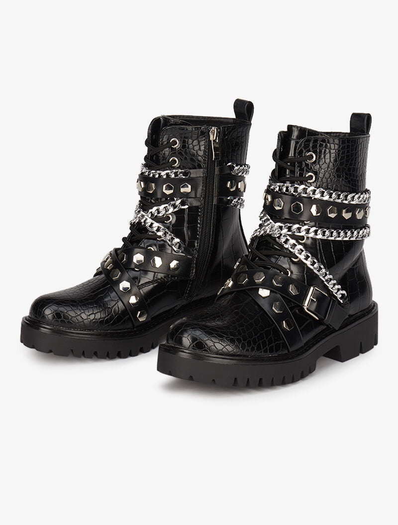 Boots croco à chaînes et sangles - Noir - 1