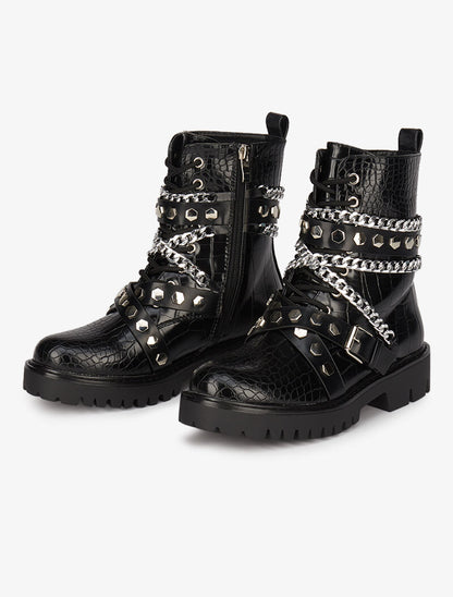 Boots croco à chaînes et sangles - Noir - 1