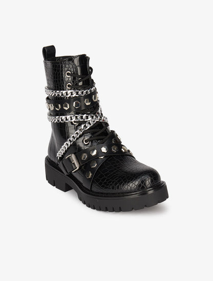 Boots croco à chaînes et sangles - Noir - 3