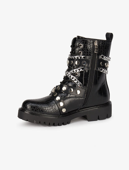 Boots croco à chaînes et sangles - Noir - 4