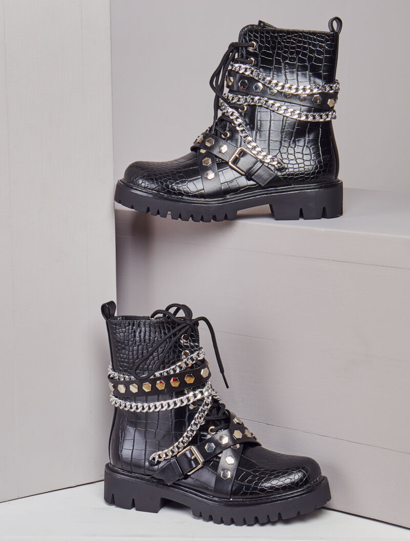 Boots croco à chaînes et sangles - Noir - 5
