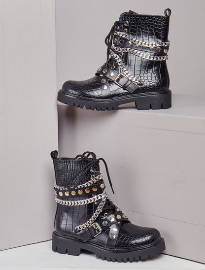 Boots croco à chaînes et sangles - Noir - 5