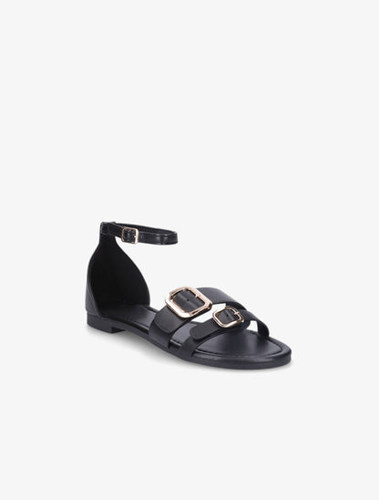 Nu-pieds en simili double boucles - Noir - 2