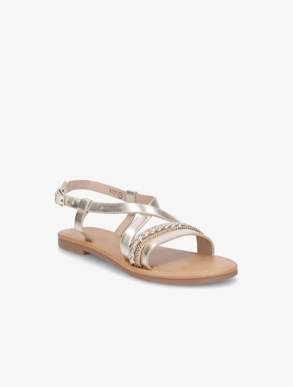 Nu-pieds en simili à bride tressée et strass - Or - 2
