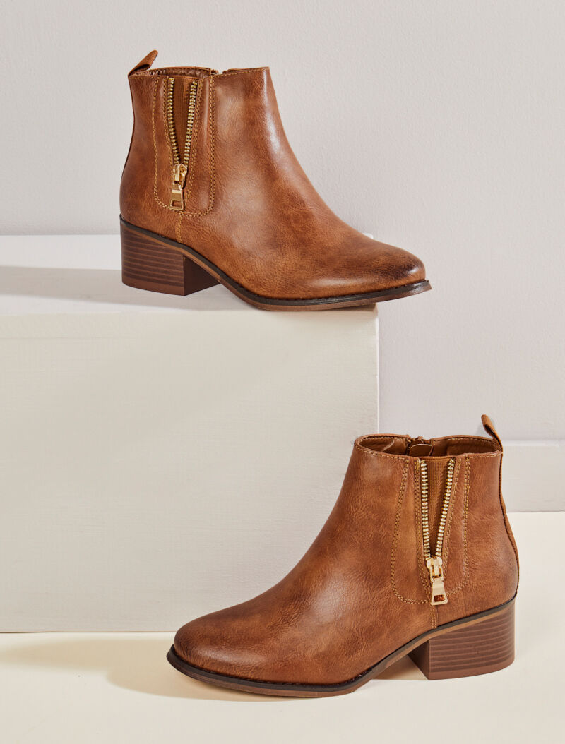 Bottines à zip ouvert décoratif - Camel - 5