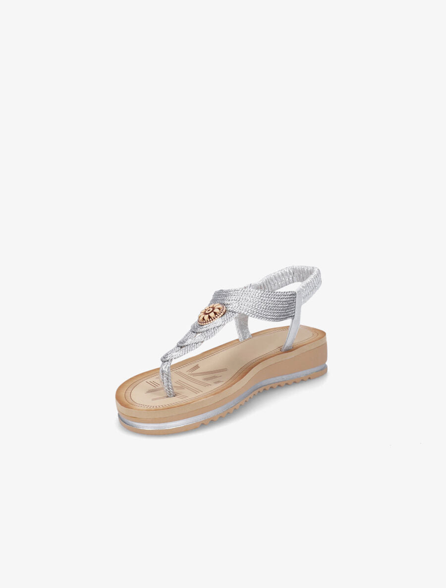 Nu-pieds à brides tressés et empiècement effet bois - Argent - 3