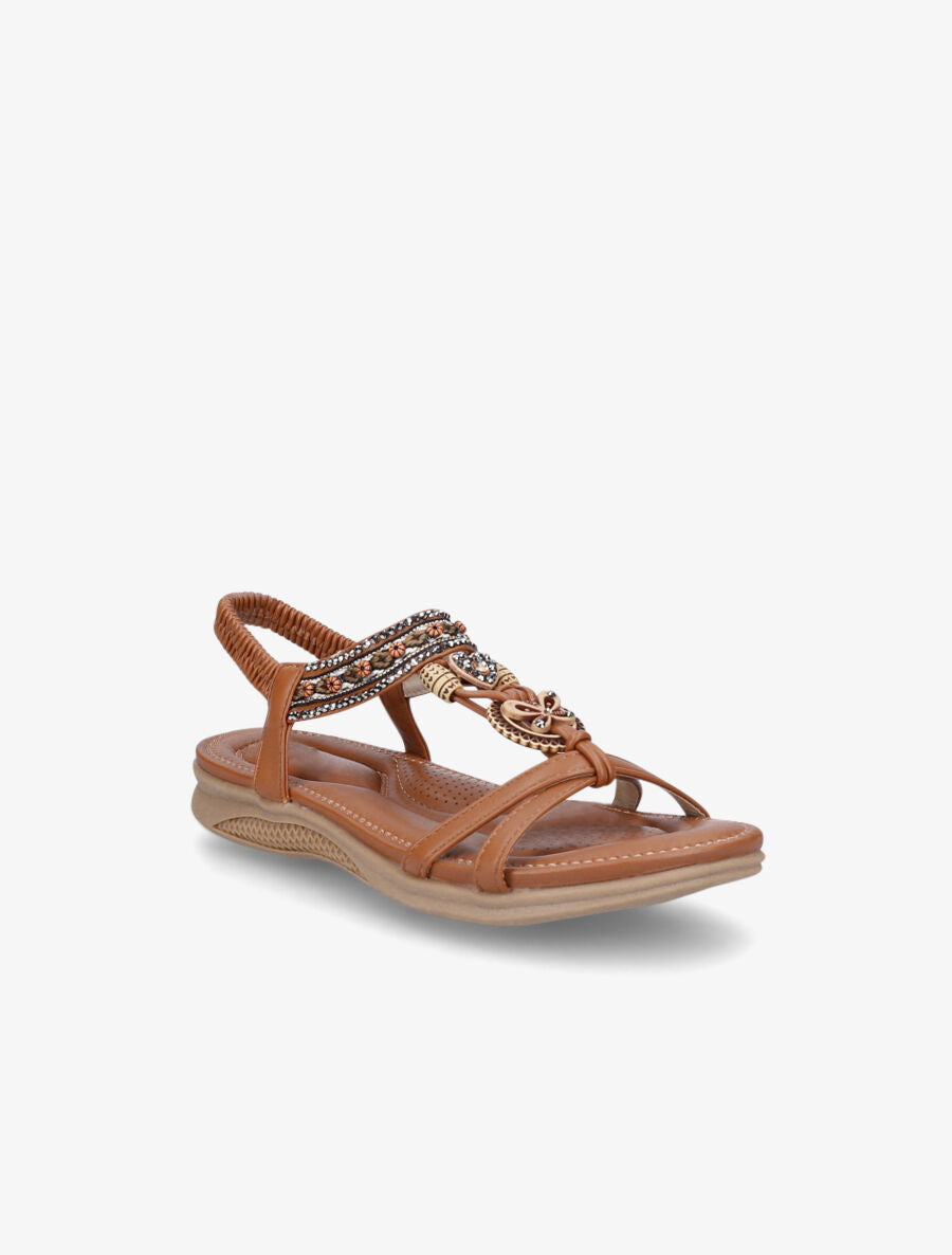 Nu-pieds brodés à strass - Camel - 2