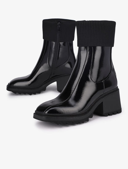 Bottines vernies à bouts carrés et rabats en tissu cotelé - Noir - 4