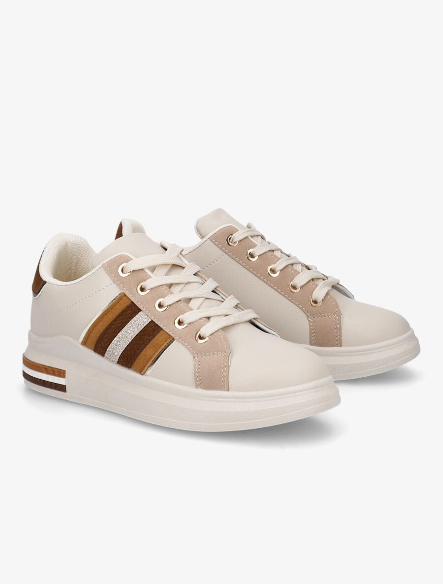 Sneakers en simili et suédine à bandes irisées - Beige - 4