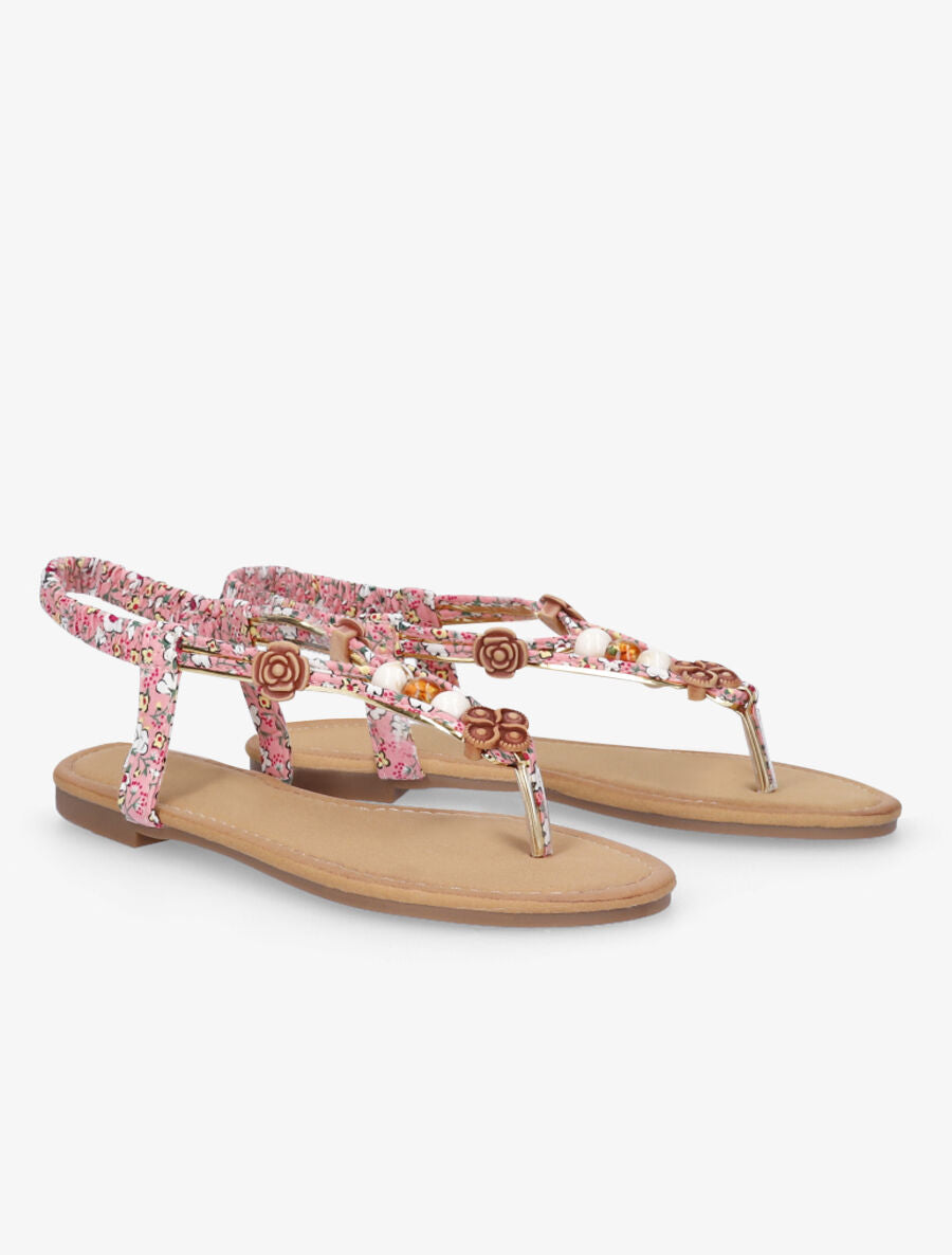 Nu-pieds imprimés à empiècements bois et perles - Rose - 4