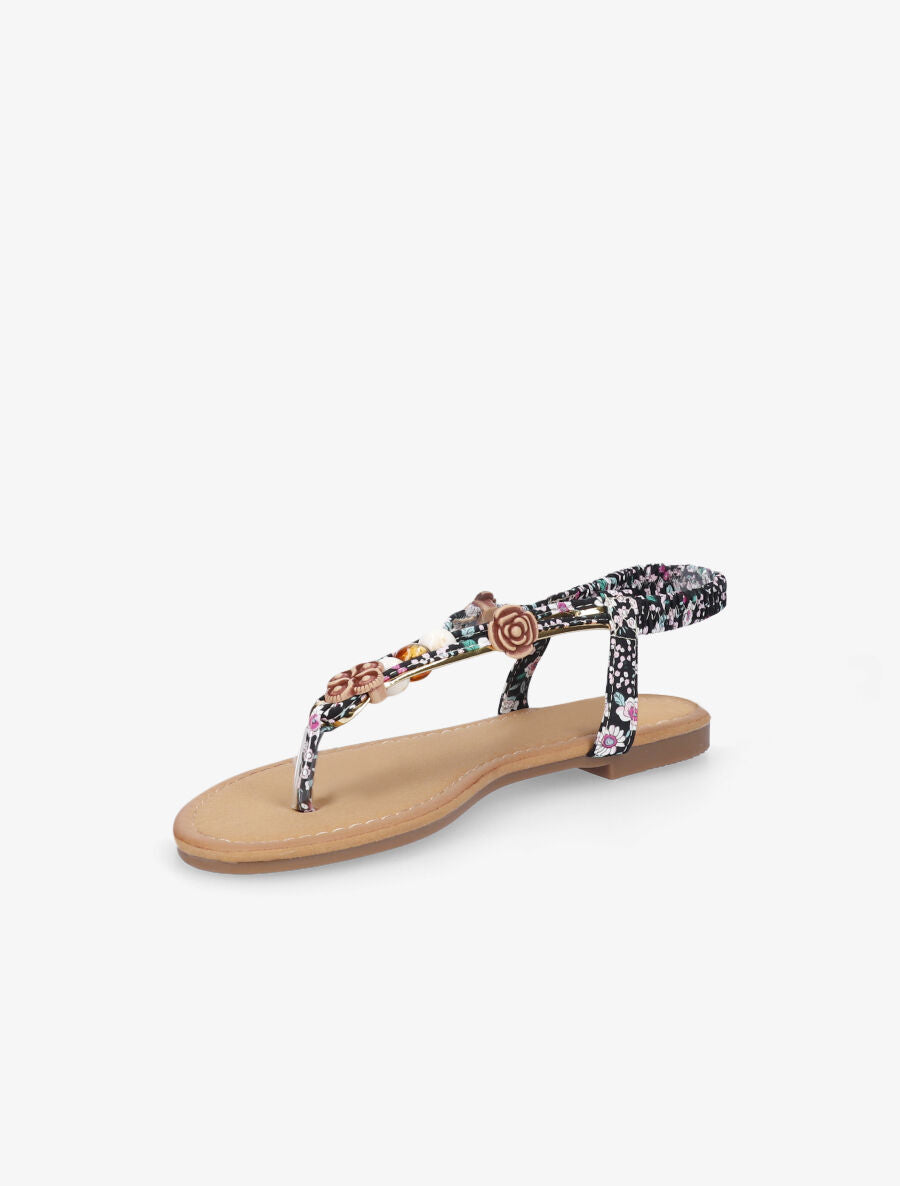 Nu-pieds imprimés à empiècements bois et perles - Noir - 3