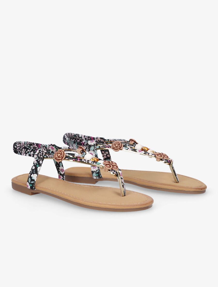 Nu-pieds imprimés à empiècements bois et perles - Noir - 4
