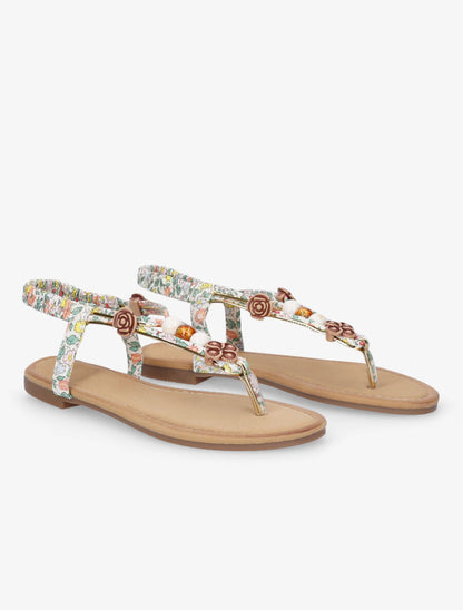 Nu-pieds imprimés à empiècements bois et perles - Écru - 4