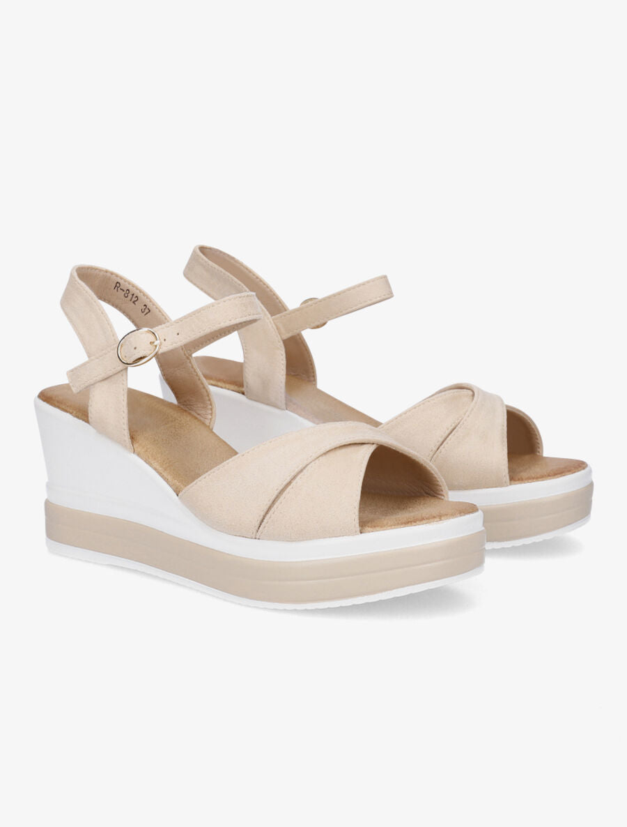 Sandales compensées en suédine à ganses croisées - Beige - 5