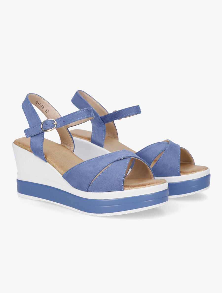 Sandales compensées en suédine à ganses croisées - Bleu - 4