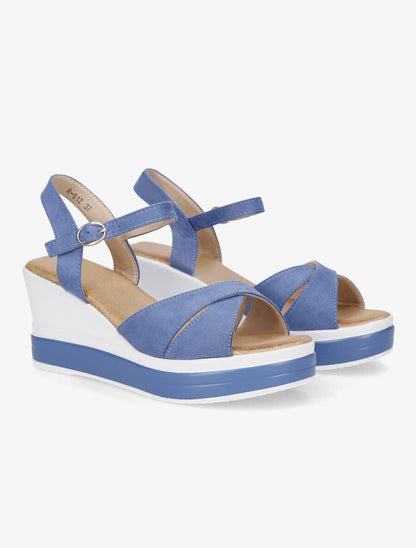 Sandales compensées en suédine à ganses croisées - Bleu - 4