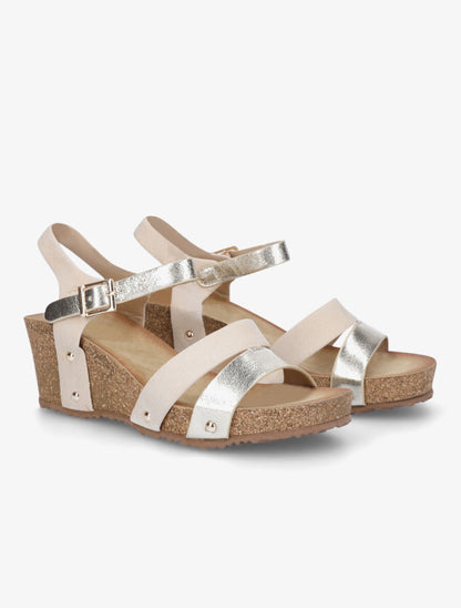 Sandales compensées effet liège et ganses bi-matière - Beige - 4