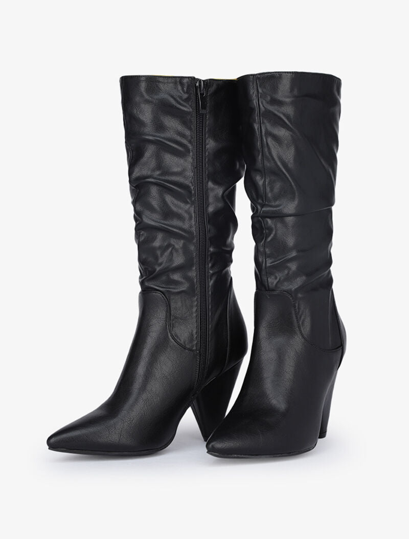 Bottes plissées en simili à talons triangle - Noir - 4