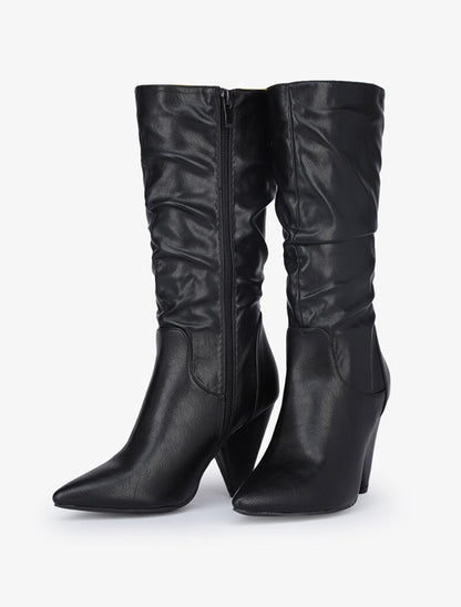 Bottes plissées en simili à talons triangle - Noir - 4