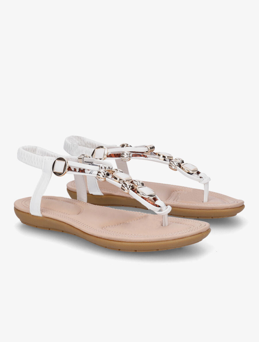 Nu-pieds imprimés à empiècement pierres et bijoux - Blanc - 4