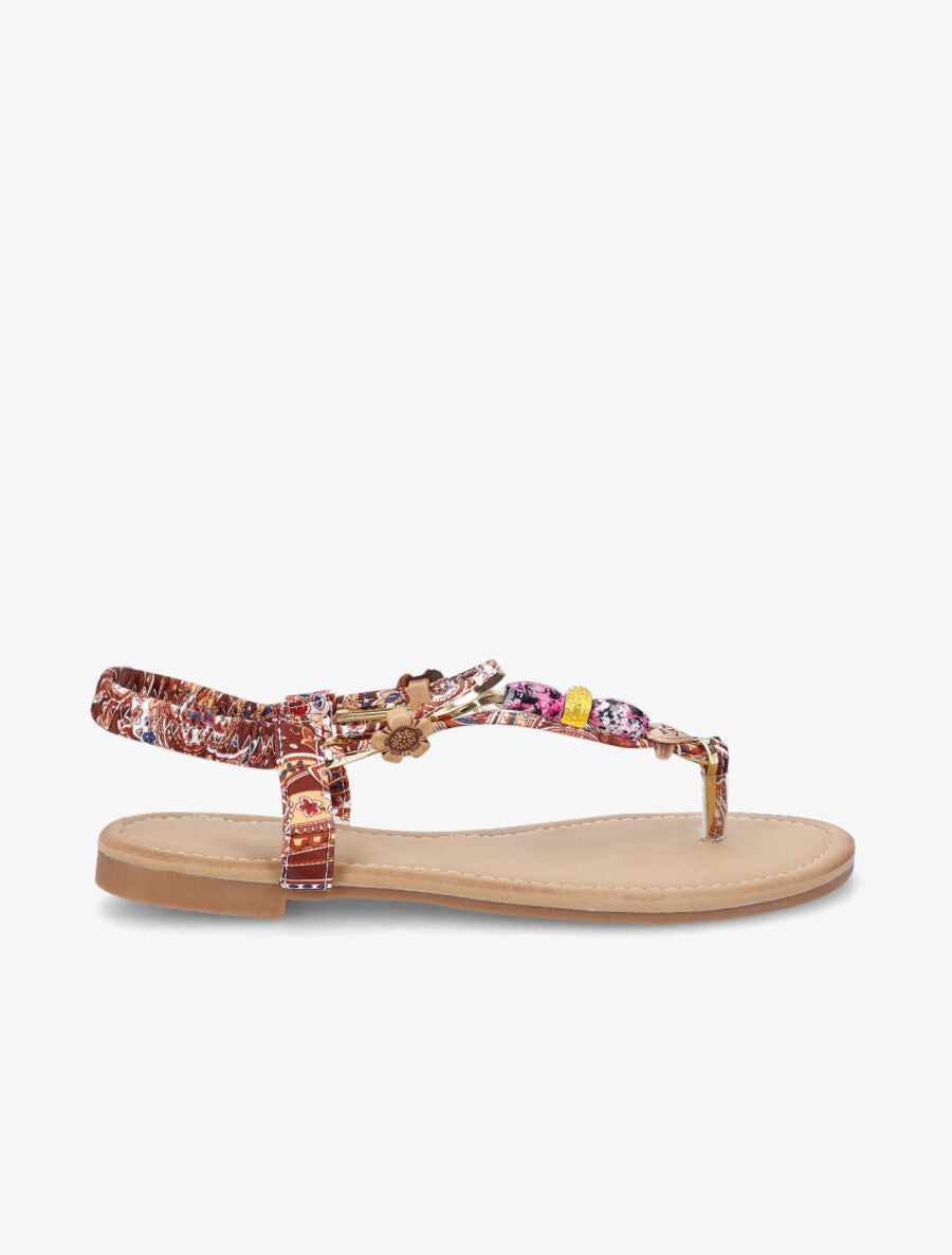 Nu-pieds fleuri à perles - Camel - 5