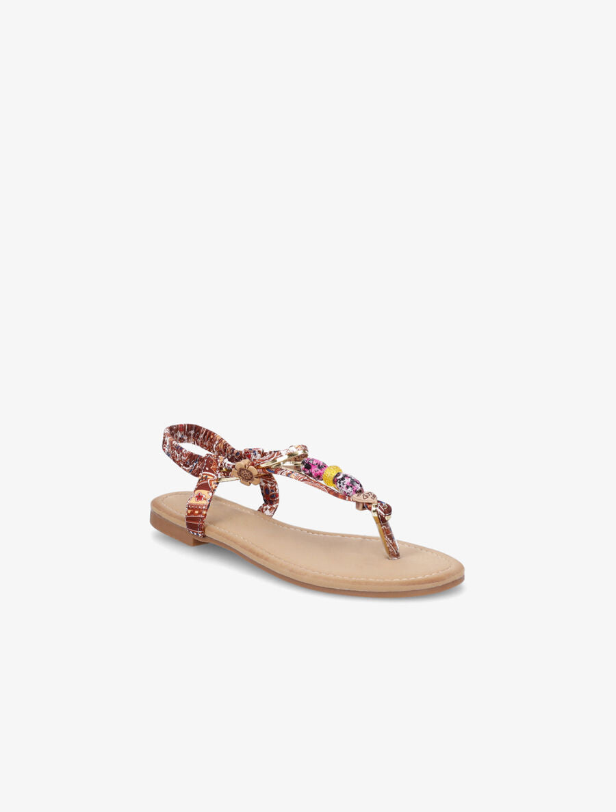 Nu-pieds fleuri à perles - Camel - 2
